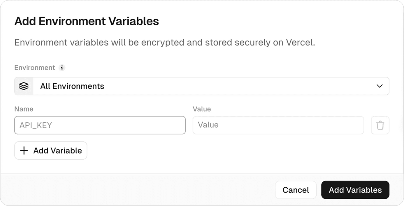 Add environment variables modal